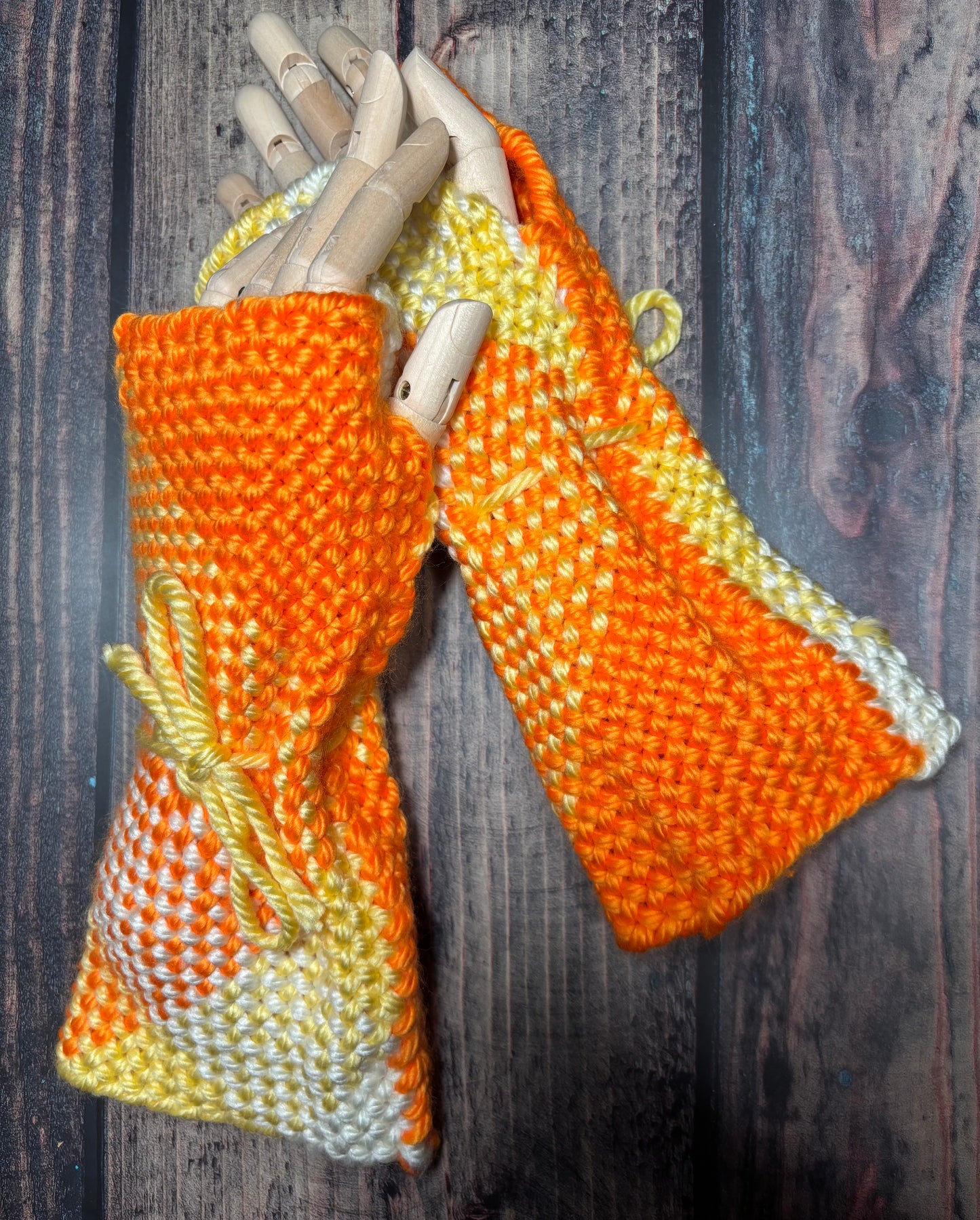 Candy corn fingerless gloves