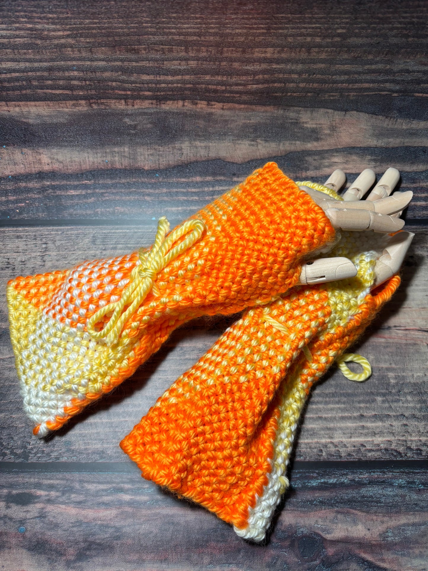 Candy corn fingerless gloves