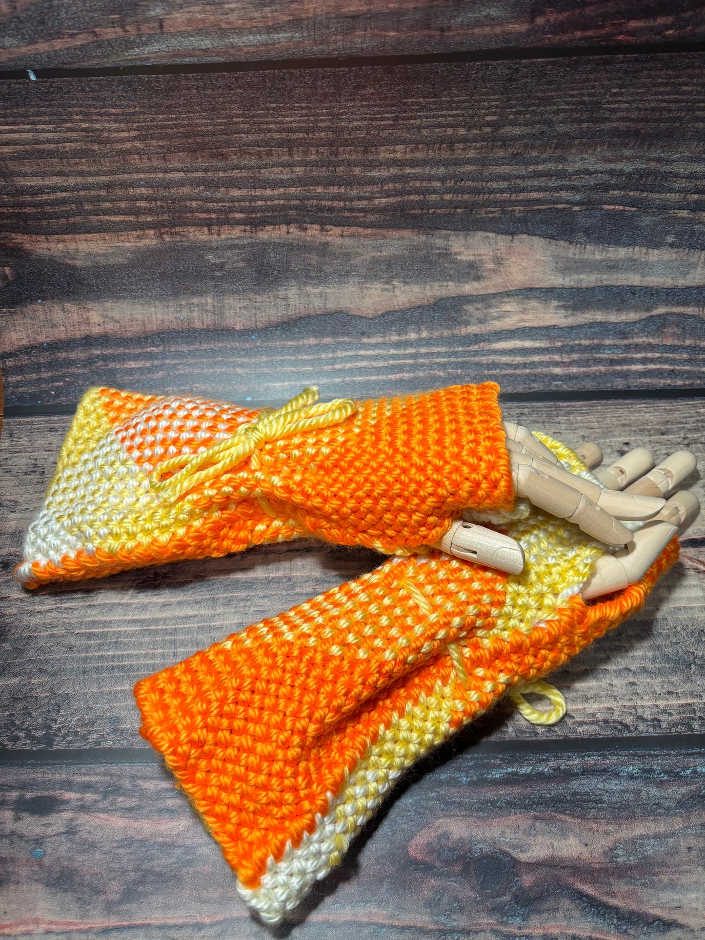 Candy corn fingerless gloves